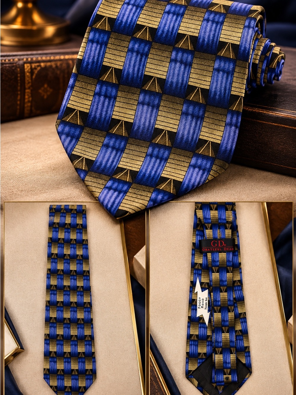 J. Garcia Grateful Dead Necktie Blue Gold Geometric Silk Foggy Road Tennessee
